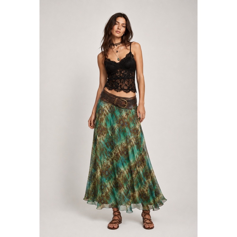 Silk Whimisgoth Maxi Skirt Boho Sequin Moss Green Brown Forest Fairy Women 12